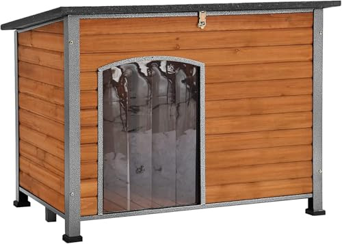 X-ZONEHundehaus Outdoor, Indoor isoliert Katze Haus wetterfest Hundehütte für kleine mittlere Hunde, Haustier Kiste aus Holz mit erhöhten Boden wetterfest, einzigartige All-Around-Eisenrahmen