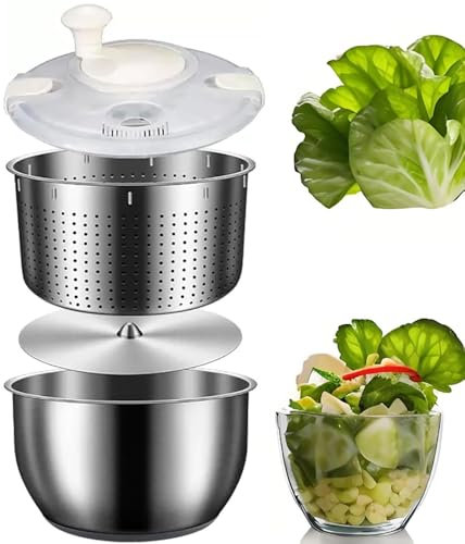 Kadxyan 6L Salad Spinner, Manual Salad Fruit and Vegetable Dehydrator, Stainless Steel Vegetable Washer, PP Lid, Drain Basket, Double Layer Split Design, for Drain Leafy Vegetables, Fruit Storage