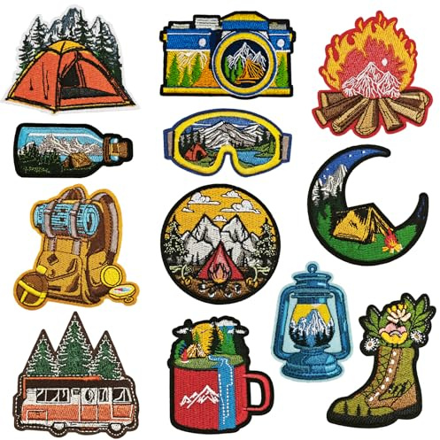 Qpout 12pcs Camping Bügeleisen auf Patches, Abenteuer Outdoor Wandern Natur Landschaft bestickt Reparatur Dekoraktive Applikation Patch Kit für Kleidung Rucksack Jeans Jacken Kappe DIY Handwerk