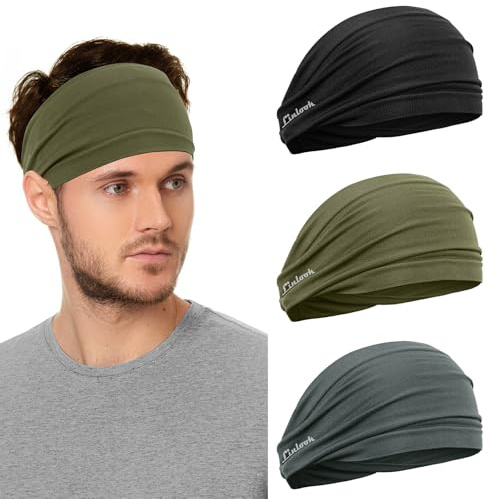 Diademas para hombre, banda ancha para el sudor para deportes, fitness, correr, ciclismo, senderismo, crossfit y yoga (negro + caqui + gris oscuro)