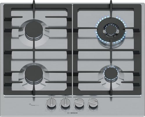 Bosch PCH6A5I90 Serie 6, Piano cottura a gas, FlameSelect, Manopole magnetiche rimovibili, WOK, griglie in ghisa, Acciaio, 60 cm, Inox