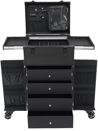Cosmetic Trolley Cosmetic Hairdresser Case with 4 Drawers Make Up Case Large Beauty Case Hairdresser Box Dark Black