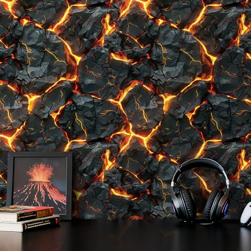 ReWallpaper Stone Wallpaper Peel and Stick Removable Black Orange Lava Magma Cracked Rock Wallpaper 3D Effect Waterproof Contact Paper for Cabinet Shelves Gaming Room Bedroom Accent Wall 17.5in x 10ft