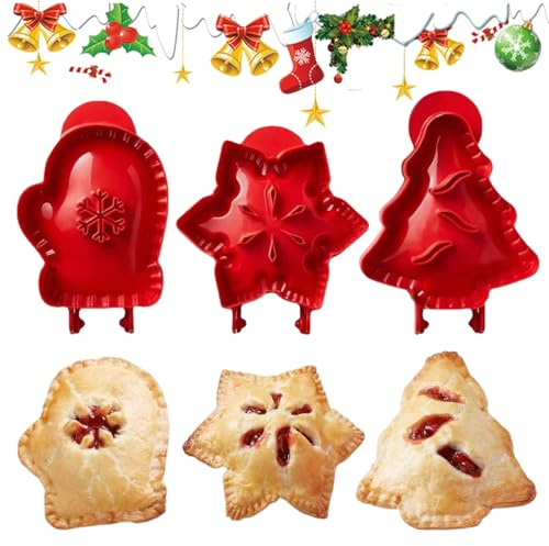 CHIHOLEN 3 Pcs Christmas Mini Pie Maker, One-Press Hand Pie Maker for Baking, Christmas Cookie Mould, Snowflake, Gloves & Christmas Tree Hand Pie Molds for Christma Party Home Potluck
