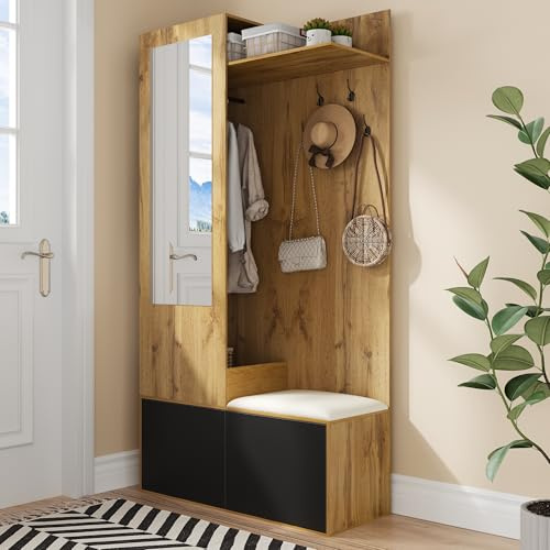 Gxffipw Garderobe Set mit Spiegel und Schuhschrank, Garderobenset mit Wandgarderobe und Sitzbank, Flurgarderoben Set mit Versteckter Kleiderbereich, Garderobenschrank, Schwarz+Holzfarbe, 100×38×191 cm