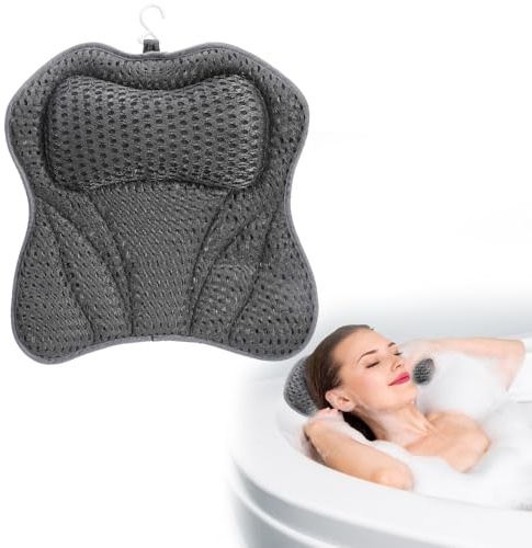 RNPKZ Bath Pillow, Ergonomic Luxury Bathtub Pillow with 6 Powerful Suction Cups, Non-Slip 4D Air Mesh Bath Cushion, Bathtub Cushion for Head Neck Shoulder Back Support Home Spa Hot Tub (Grey)