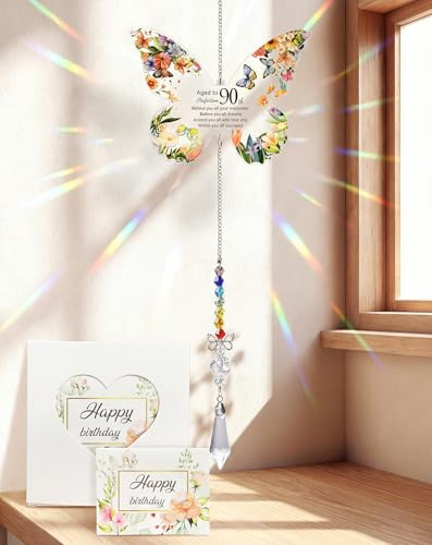 90th Birthday Gifts for Women Butterfly Acylic Crystal Suncatcher Ornament | Birthday Gift for Mum Nana Sister Friend 1936 Keepsake Window Hanging Sun Catcher Garden Decoration Meaningful Gift
