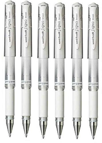 Uni Ball White Signo Pen Broad Metallic Gel Ink Rollerball Metal 1mm Tip Nib 0.65mm Line Width With Rubber Grip UM-153 (Pack Of 6)