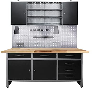 Werkstatteinrichtung Werkstatt - Werkbank, Hängeschrank, Euro-Lochwand mit Haken + LED-Lampe