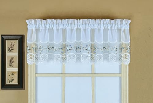 Today's Curtain, Vintage Macramé Organza Valance 14, White/Blue, 58 W x 14 L
