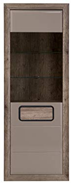 Furniture24 Vitrine Tiziano TMZV711LB, Schrank, Wohnzimmerschrank, Vitrinenschrank mit Beleuchtung (Antik Eiche/Beige Hochglanz)