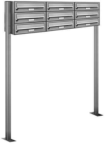 AL Briefkastensysteme 9er Edelstahl Standbriefkasten rostfrei als 9 Fach Briefkastenanlage DIN A4 in Postkasten Briefkasten Design modern