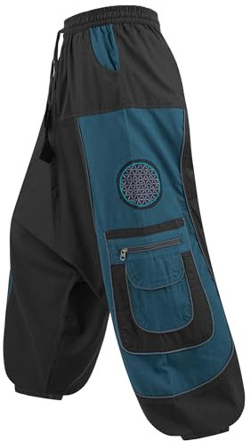 Kunst und Magie Flower of Life Hippie Haremshose Goahose Cargohose, Größe:3XL, Farbe:Schwarz/Petrol