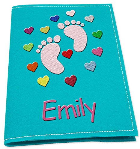 U-Heft Hülle Mädchen bestickt mit Name Babyfüße pink bunte Herzen Filz hellgrau dunkelgrau pink hellblau schwarz türkis maigrün Untersuchungshefthülle (türkis)
