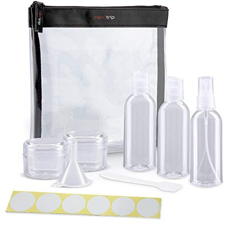 nex|trip Kulturbeutel Transparent + Behälter für Flüssigkeiten Handgepäck - Kosmetiktasche durchsichtig für Flugzeug - Reiseset Kosmetik Beutel - Stickerset