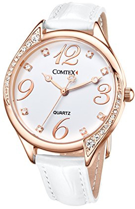 Comtex Montre Femme Or Rose Gros Cadran avec Diamant Cristal Blanc Cuir à la Mode
