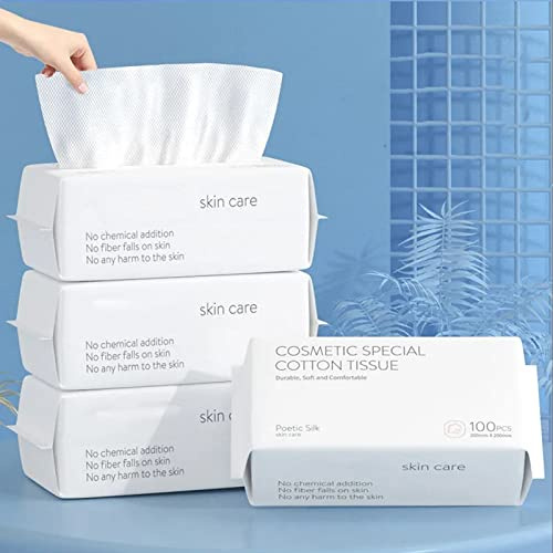 BIEWO Lot de 4 serviettes jetables en coton doux et secs pour femme Nettoyage simple Mouchoirs secs et humides Double utilisation portable pour peaux sensibles, bébés et démaquillants et soins