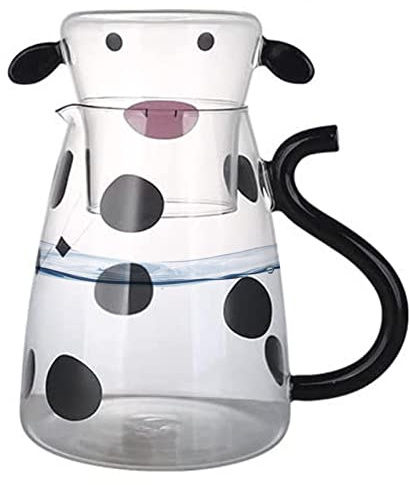 Storaffy Kuh Glaskrug | Kuhbett Wasserkaraffe 550/1800 ml | Cartoon Night Glaskaraffe mit Glasbecher-Set | Kreative Kuh Glaskrug Wasserflaschen Wohnkultur Küchenbedarf