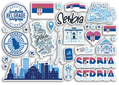 A5 Sticker Sheet Serbia Blue Landmarks Vinyl Stickers - Serbian Map Airport Stamp Skyline Flag Travel Holiday City Country Aesthetic #80361