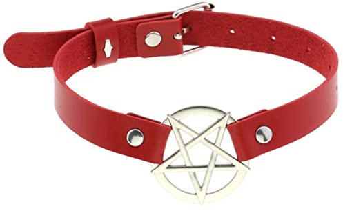 WEITING Fashion Leder Choker Punk Handarbeit Pentagramm Halskette Damen Gothic Accessoires - Rot