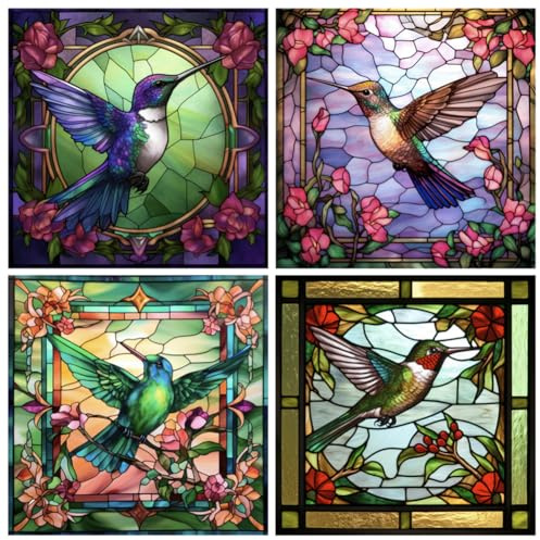 BAOZOON 4 Stück Buntglas-Fensteraufkleber, Anti-Kollision, Kolibri-Fensteraufkleber, abnehmbar, nicht klebend, Vinyl, Fensterdekoration, Aufkleber