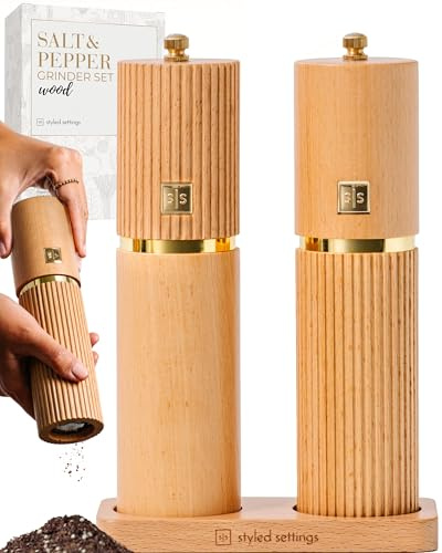Styled Settings Wooden Salt and Pepper Grinder Set, Light Wood | Refillable Manual Salt and Pepper Mills, Gold Detailing, and Wood Stand