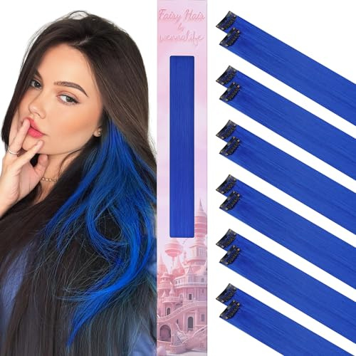 WENNALIFE 12 Piezas Azul Extensiones de Clip de Pelo, Colorido Extensiones de Cabello Pelo Postizo Mechas de Colorido Extensiones Clip Mechas Pelo Lacio para Niñas Mujeres Trenzas Cosplay Fiesta
