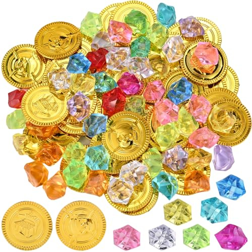 GOLDGE 100 Stück Goldmünzen Kinder Set mit 50 Goldmünzen und 50 Edelsteine | Goldmünzen Piratenschatz Set Perfekt für Piraten Deko Kindergeburtstag, Schatzkiste Kindergeburtstag