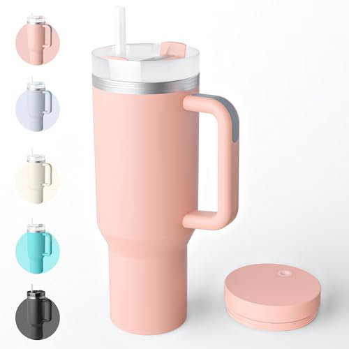 Bailkind 1182mL 40oz Botella Agua Acero Inoxidable Antifugas, Taza Termica de Acero Inoxidable Fácil de Llevar, Sin BPA, Apta Para Lavavajillas, 2 Pajita 2 Tapa con Cepillo de Limpieza-Rosa pálido
