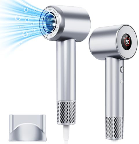 Föhn Ionen Haartrockner, YAIAWISU Ionen Föhn, 140.000 U/min bürstenloser Motor für schnelles Trocknen - LED-Display, 500 Millionen Negativ Ionen Haartrockner für Zuhause, Reisen und Salon (Silber)