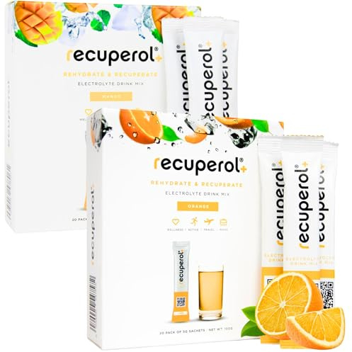 Recuperol Rehydration & Recovery Electrolytes Powder, Dehydration Supplement, 40 Sachets, Replace Electrolytes & fluids, Zinc, Vitamin C, B12, D3, Potassium, Orange & Mango Variety Bundle