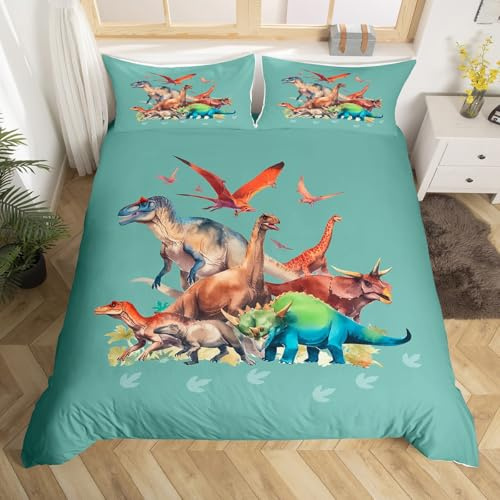 Loussiesd Dino Bed Linen Set 135 x 200 cm Children's Dinosaur Duvet Cover Set 3D Dino Print Bed Set Wild Animals Bedding Set Green Bed Linen Boys Girls Duvet Cover Breathable Room Decoration
