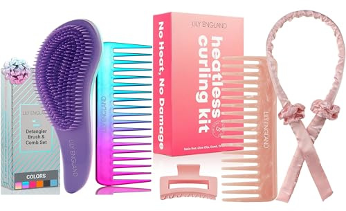 Ombre Detangler Brush and Comb Set with Heatless Curling Kit – Hair Care Bundle for Tangle-Free Styling and Effortless Heat-Free Curls
