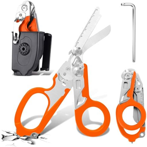 Trauma Ciseaux de sauvetage 6 en 1 pliables, ciseaux à pansements avec coque K, clé pour services d'urgence professionnels, camping en plein air (orange)