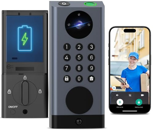 Smart Door Lock with Camera Deadbolt with Video Doorbell PIR Motion Detection Front Door Lock with Fingerprint Keypad Code Long-Lasting Battery Built-in Wi-Fi No hub Required No Drilling