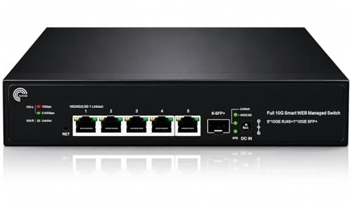 Elfcam® - 10Gb Commutateur Géré , Managed Switch Fibre Optique Compatible avec Freebox Ultra et Orange Livebox 6, avec 1 Ports 10G SFP+ et 5 Ports 10 Gigabit Ethernet RJ45, Rallonge Votre Réseau 10Go