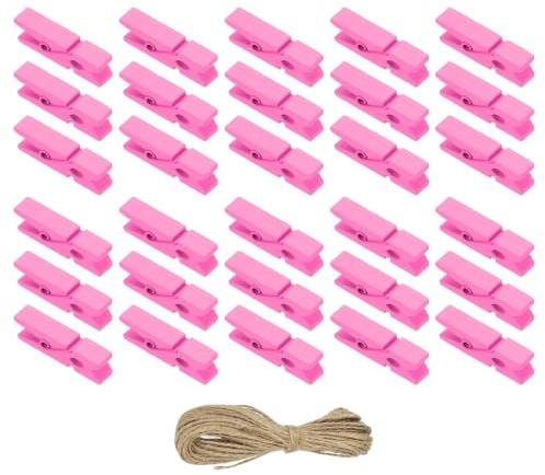 PATIKIL 1.4 Wooden Colored Clothes Pins, 50Pcs Mini Colorful Wooden Clothes Clips with 32Ft Jute Twine Strong Grip Photo Clips for Pictures Hanging Clothes Decorative Crafts, Pink