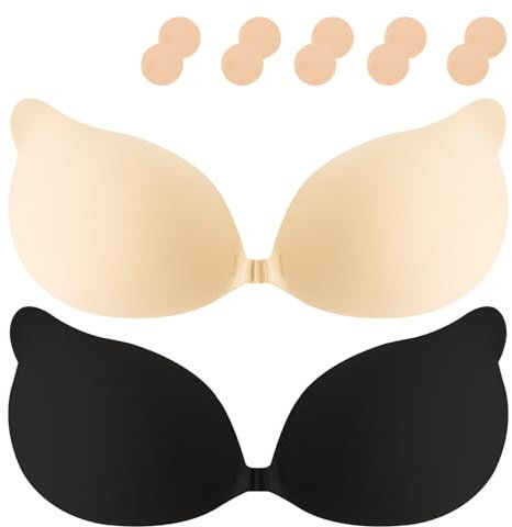 Vtelor Sticky Bra Backless Invisible Stick on Bra Push up Strapless Women's Adhesive Bras Ladies Invisible Strapless Bras Push up Lift & Enhance Cleavage (UK, Cup & Band, B, Beige+Black)