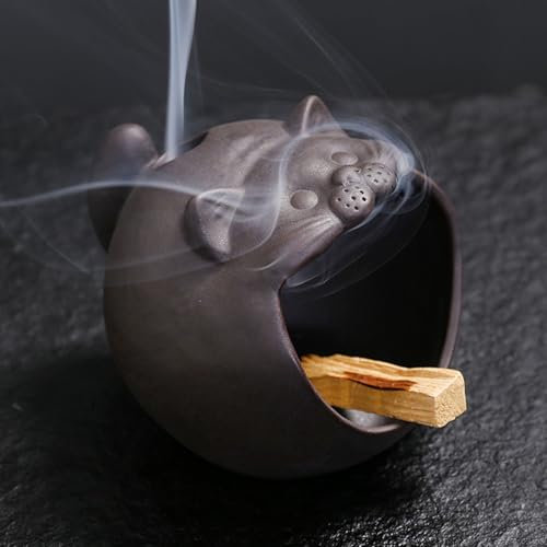XUDREZ Cat-Shaped Ceramic Incense Holder, Smudge Stick Bowl, Palo Santo Burner, Grey and Beige, Home Decor (Black Cat)