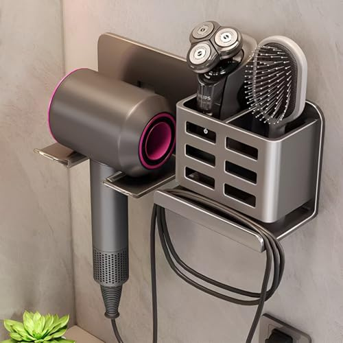 Jorun Hair Dryer and Straightener Holder Wall Mount - Multi-Functional Self-Adhesive Hair Brush Holder With Plug Hook and Storage Cup (Gun Gray)