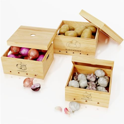 DUHARS Kartoffel Aufbewahrungsbox Holz mit Deckel(3er Set), Knoblauch Zwiebel Aufbewahrung Küche, Stapelbare Aufbewahrungsboxen Küche für Kartoffeln Zwiebeln, Obst und Gemüse Aufbewahrung