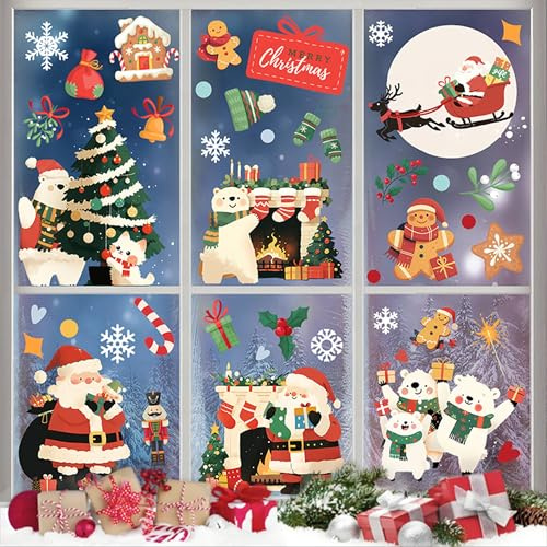 143pcs Adesivi per Finestre di Natale con Babbo Natale, Alce e Fiocchi di Neve, Adesivi Statici Riutilizzabili Bifacciali in PVC per Finestre di Vetro, Decorazioni Natalizie (9 Fogli, 20 x 30 cm)