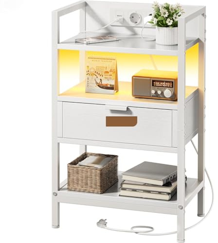 SOLAVERO Tables de Chevet avec Prises et Ports USB, Table de Nuit avec Eclairage LED, Table d'Appoint avec Tiroir de Rangement en Bois, pour la Chambre, Le Canapé et Le Bureau, Blanc