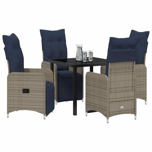 vidaXL Bord- och stolset med kudde 5 pcs Grå PE Rattan, Modern utemöbler, rektangulärt rattan, matgrupp med justerbart ryggstöd för trädgården