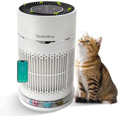 Purificador de aire para gatos con bola interactiva, filtro HEPA para olor de pelo de mascotas, salida de aire de 360° para habitación pequeña, dormitorio, escritorio