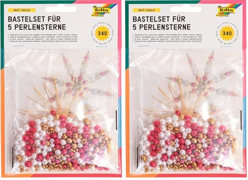 folia 12520 - Bastelset für 5 Perlensterne, rot/gold/perlweiß - ideal als selbstgemachte Dekoration für Weihnachten, Mittel (Packung mit 2)