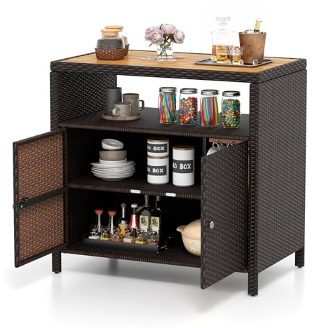 FANTASK Gartenschrank, Rattan-Buffetschrank mit Akazienholz-Arbeitsplatte, offenem Fach & Doppeltür, Aufbewahrungsschrank, Outdoor Terrassenschrank für Garten, Terrasse, 90 x 53 x 86 cm (Braun)