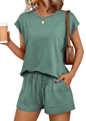 NLAND Conjuntos Chándal Mujer Verano 2 Piezas Casual Cuello Redondo Top Sin Mangas y Pantalones Cortos con Bolsillos y Cordón Ajustable Chandal Completo(Verde,L)