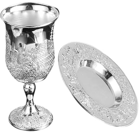 COMPUKAS Coupe de Kiddouch en Métal Argenté avec Soucoupe – Calice de Shabbat Délicat – Verre à Vin Haut pour Célébrations Juives Pessah et Chabbat – Ensemble 1 Pièce