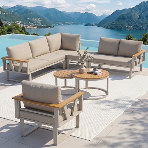 Xwiny Gartenmöbel-Set für 7 Person, Modulare Outdoor-Sitzgruppe mit Verstellbaren Füßen, 7-teiliges, 2 Doppelsofa, 1 Ecksofa, 1 Einzelsofa, 1 Hocker, 2 Tische, Alle Kissen Inklusive (Beige)